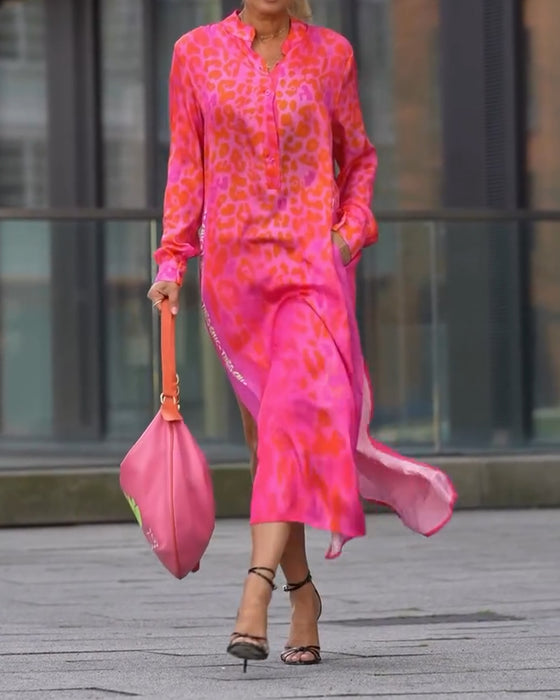 Long-Sleeved Leopard Print Slit Dress