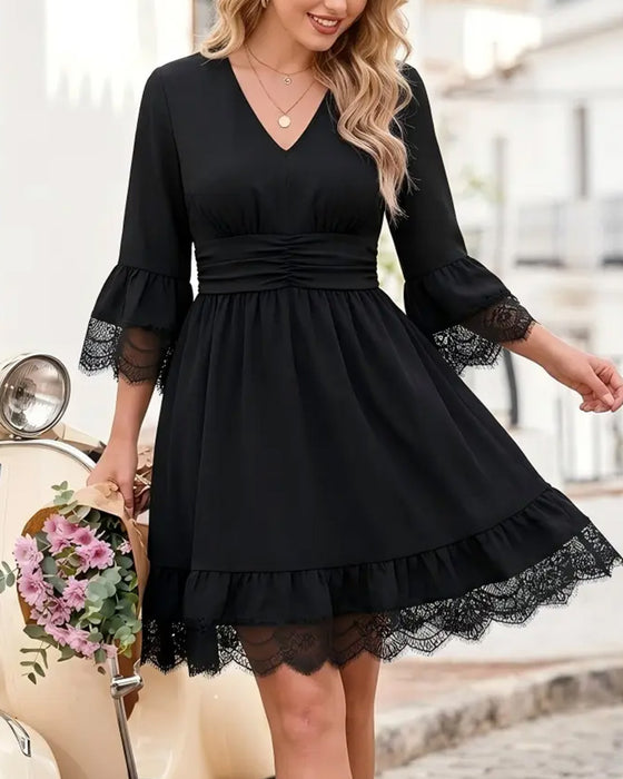 V-Neck Solid Lace Patchwork Dress