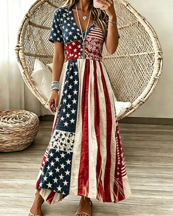 Stars and Stripes Patchwork Waist-Cinched Dresses