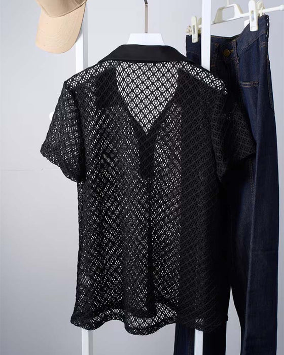 Solid Color Shirt Collar Hollow Out Pullover