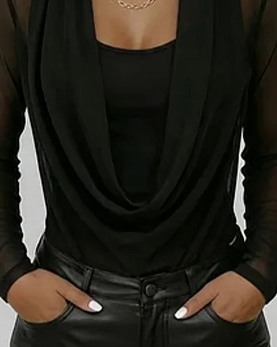 Mesh Layered Cowl Neck Long Sleeve Two-Piece Set