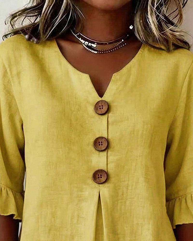 Solid-Color Cotton-Linen Wooden Buttons Ruffles Blouses