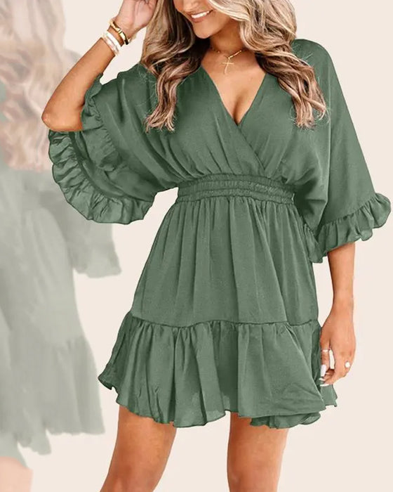 V-Neck Ruffle Waist-Cinching A-Line Dress