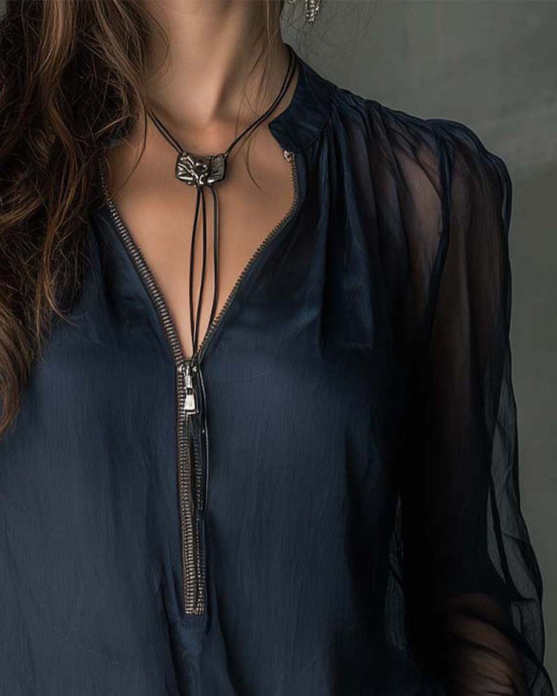 Half-Zip Mesh Long-Sleeve Blouse