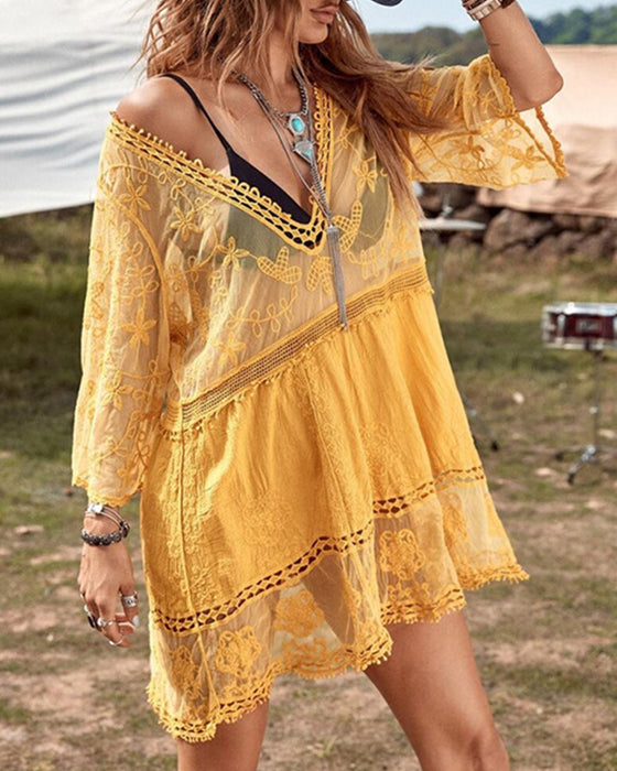 V-Neck Lace Embroidered Smock