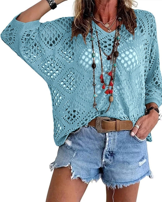 Diamond-Patterned Openwork Loose Top