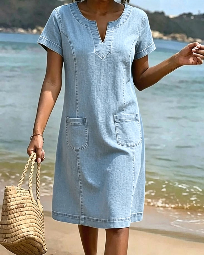 Relaxed Sheath Pocket Small V-Neck Dress