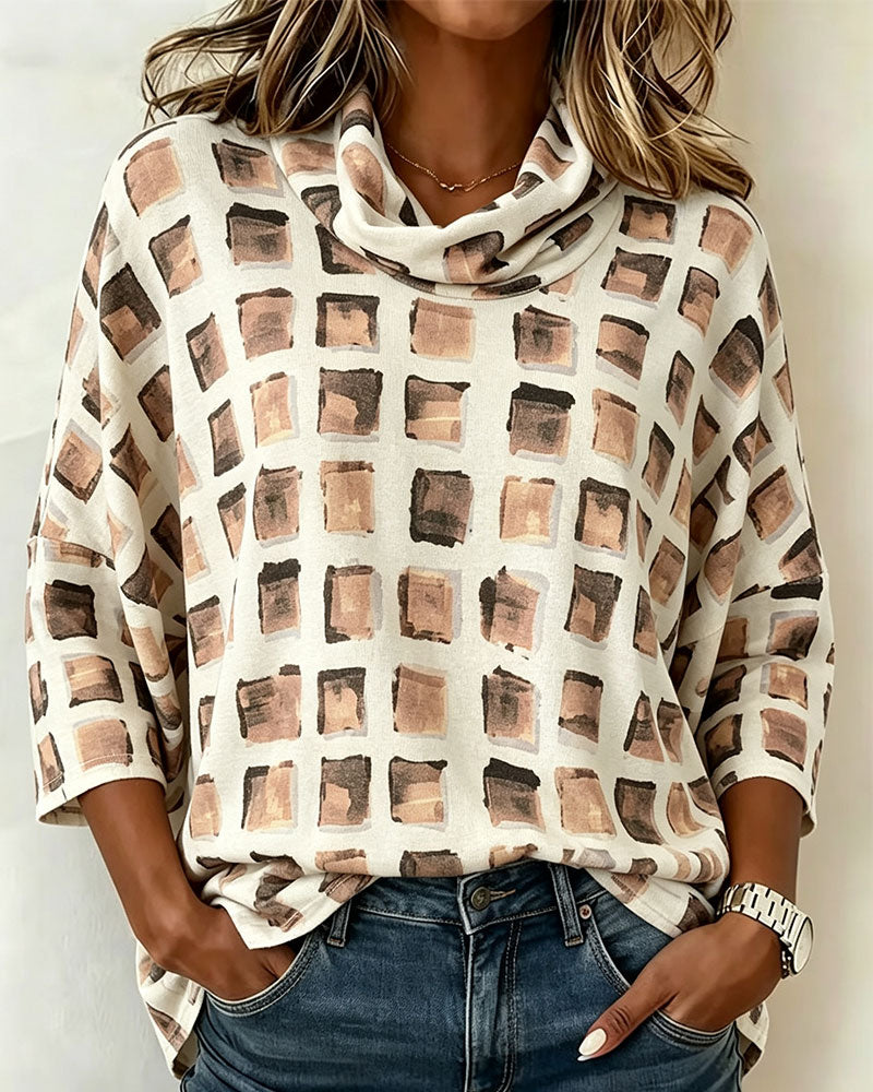 Plaid Print Cowl Collar Dropped Sleeve Top