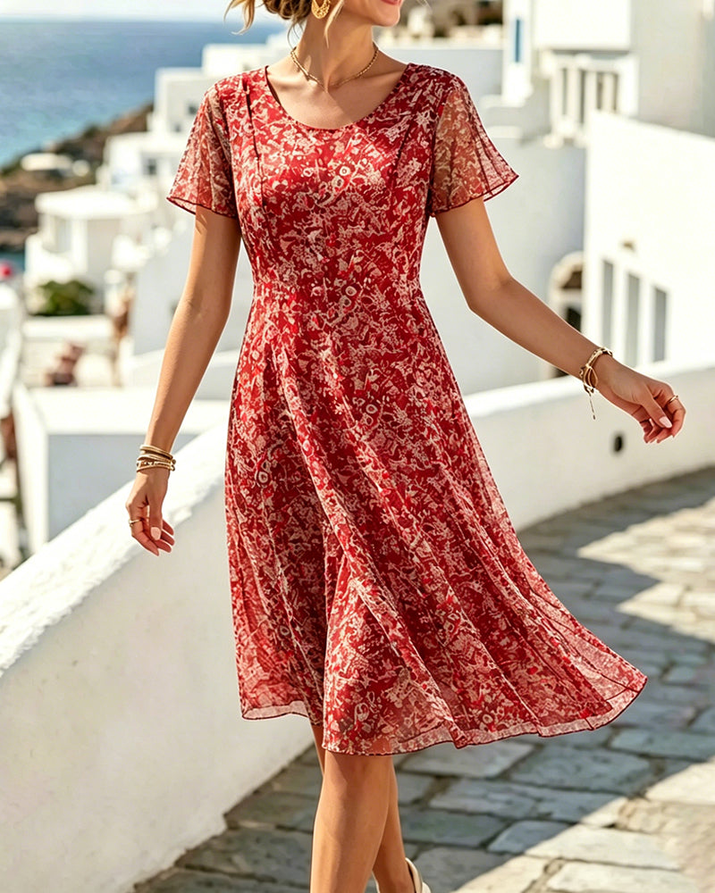 Floral Short Sleeve A-Line Dress