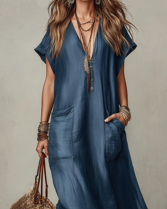 V-Neck Pocket Casual Dress