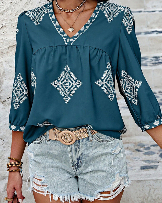 V-Neck Diamond Print Three-Quarter Sleeve Blouse
