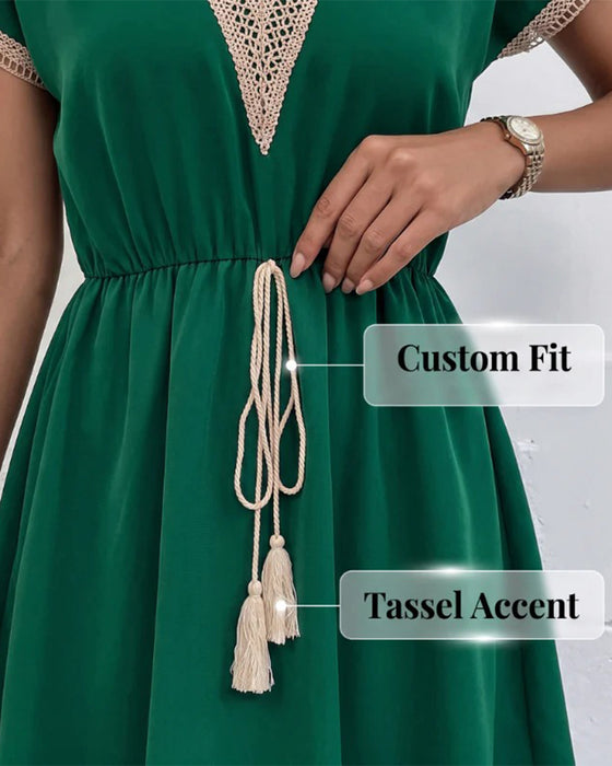 Spring-Fall V-Neck Lace Trim Fitted Waist Dress