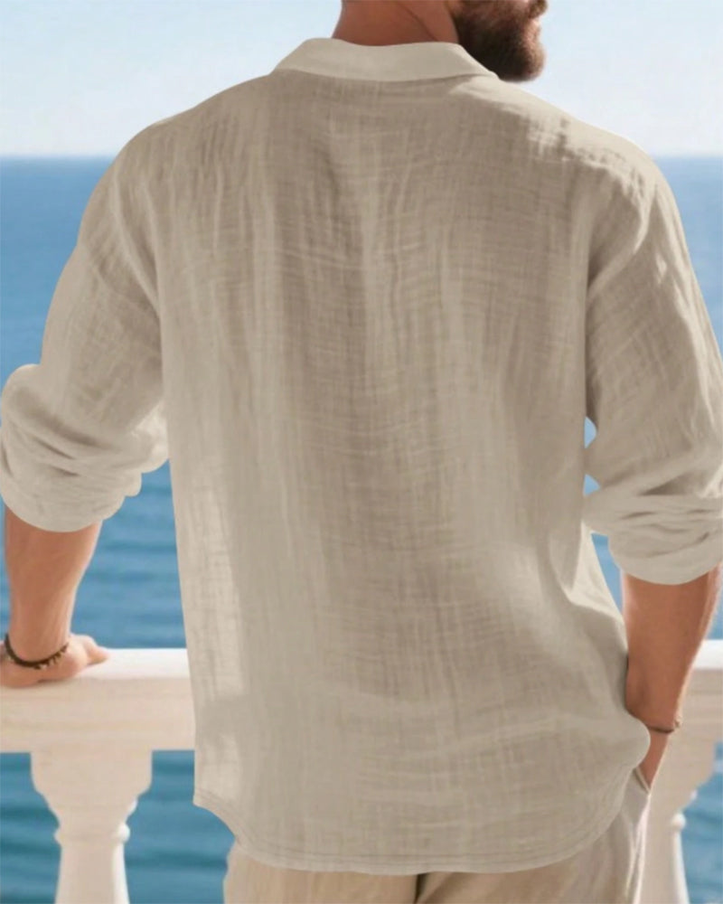 Men's Lightweight Loose Linen Long Sleeve Polo Shirt