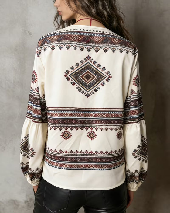 Ethnic Geometric Print Lantern Sleeve Blouse