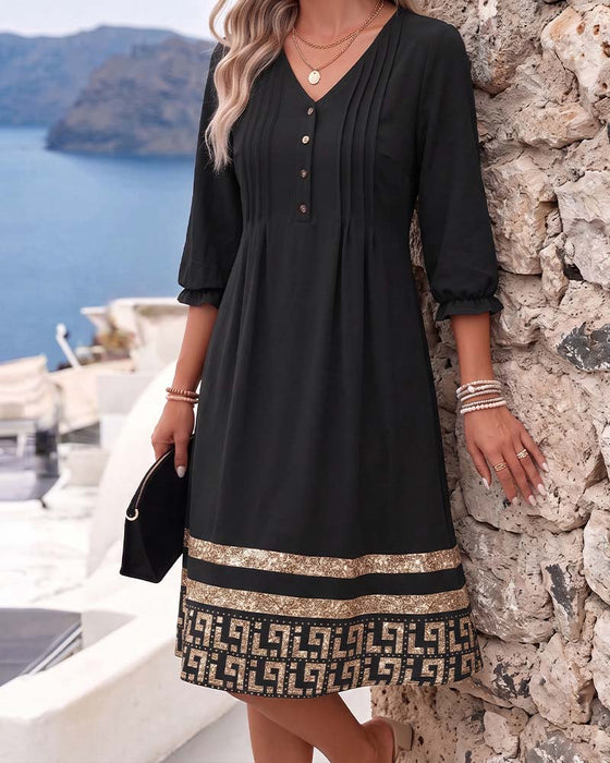 V-Neck Printed Ruffle Sleeve Dress
