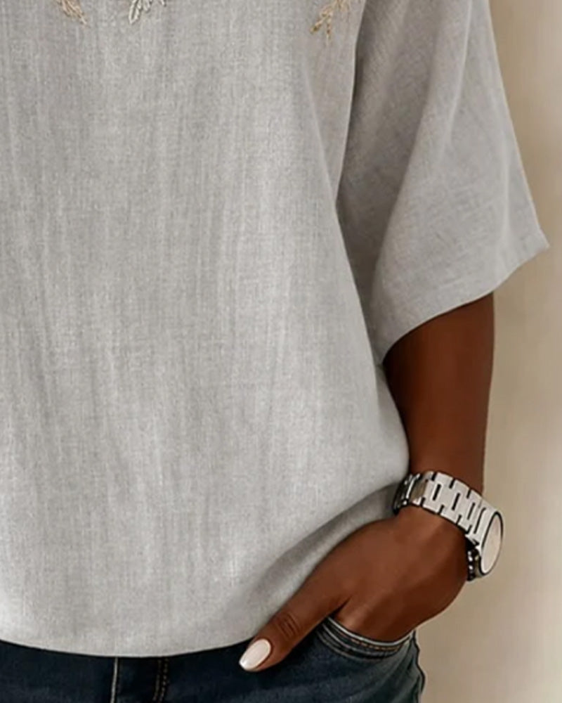 Crew Neck Mid-Length Sleeve Leaf Motif Blouse