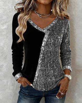 V-Neck Color-Blocked Long-Sleeved Top
