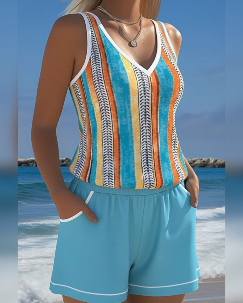 V-Neck Printed Tankini Swimsuit