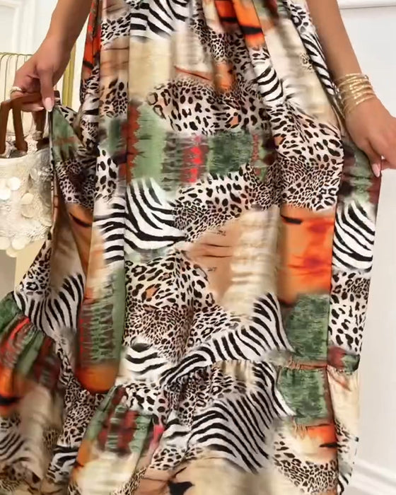 Leopard Contrast Spaghetti Strap Patchwork Dress