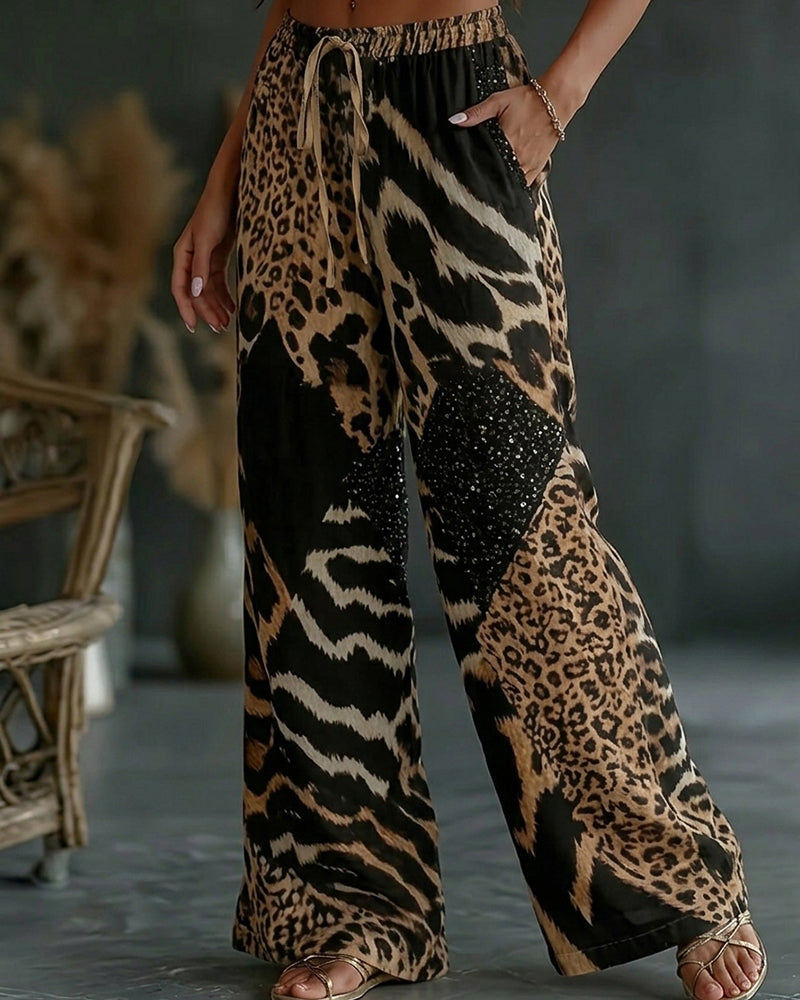 Leopard Print Patchwork Wide Leg Casual Pants