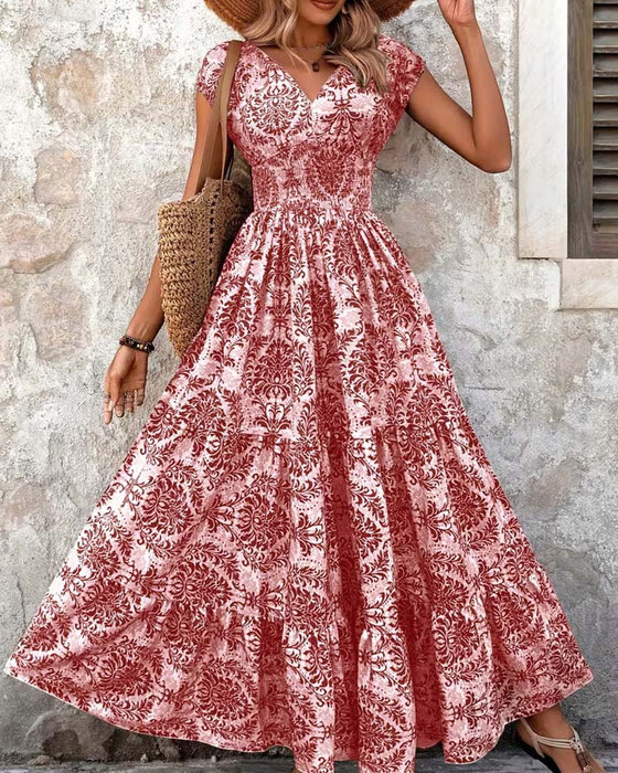 Retro Print V-Neck Cinched Waist Long Dress