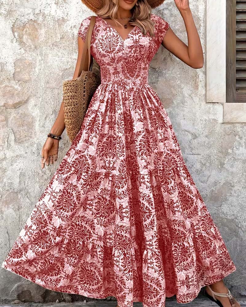 Retro Print V-Neck Cinched Waist Long Dress