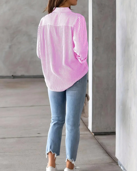 Striped Pocket Long Sleeve Loose Shirt