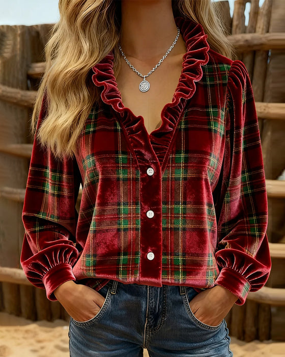 Ruffled V-Neck Velvet Top