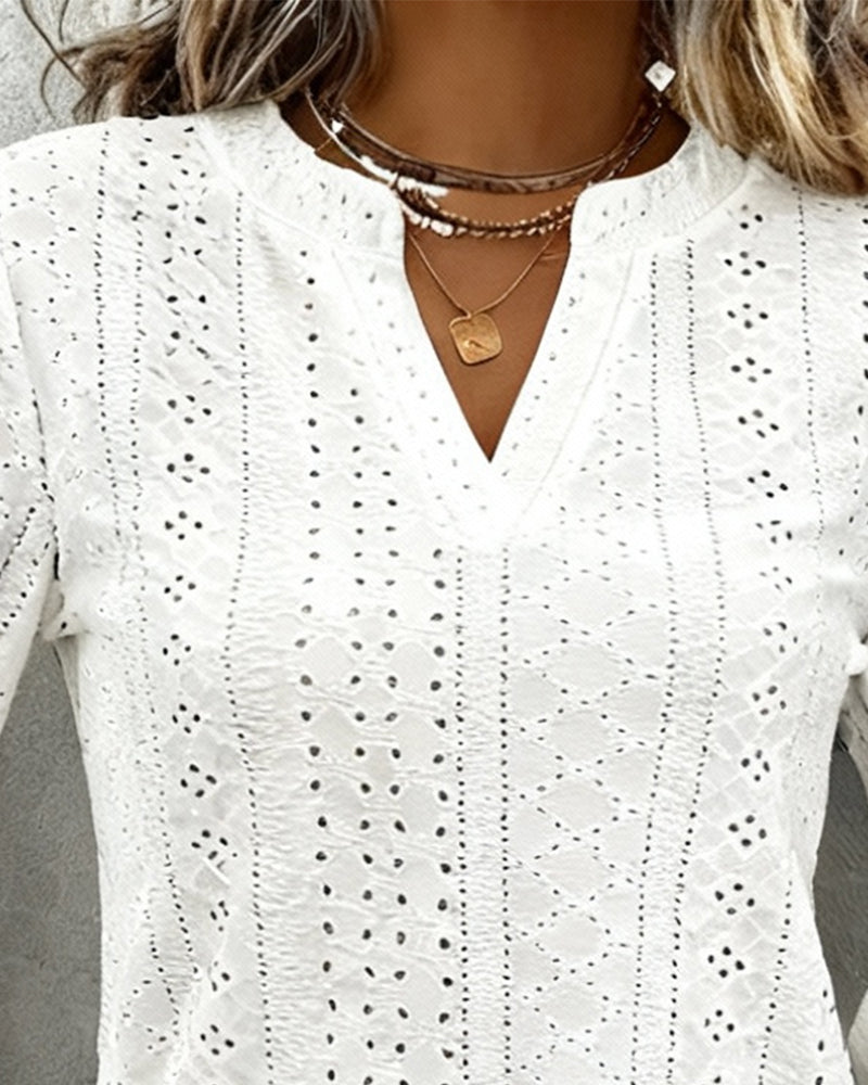 Textured Hollow-Out V-Neck Long-Sleeved Top