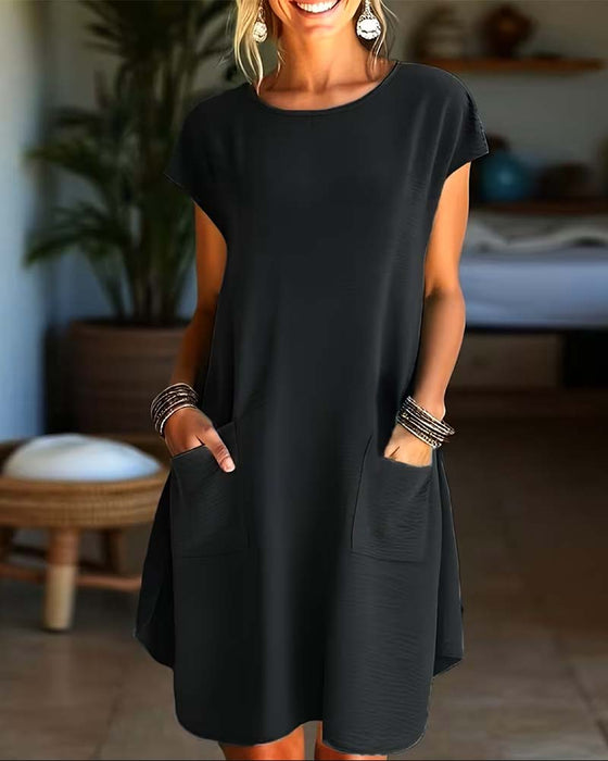 Pocket Detail Round Neck Short Sleeve Dress