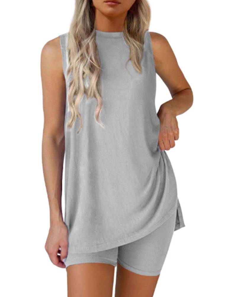 Sleeveless Top And Shorts Solid Color Set
