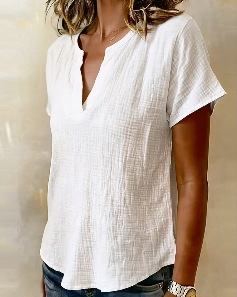 V-Neck Solid Color Short-Sleeved Blouse