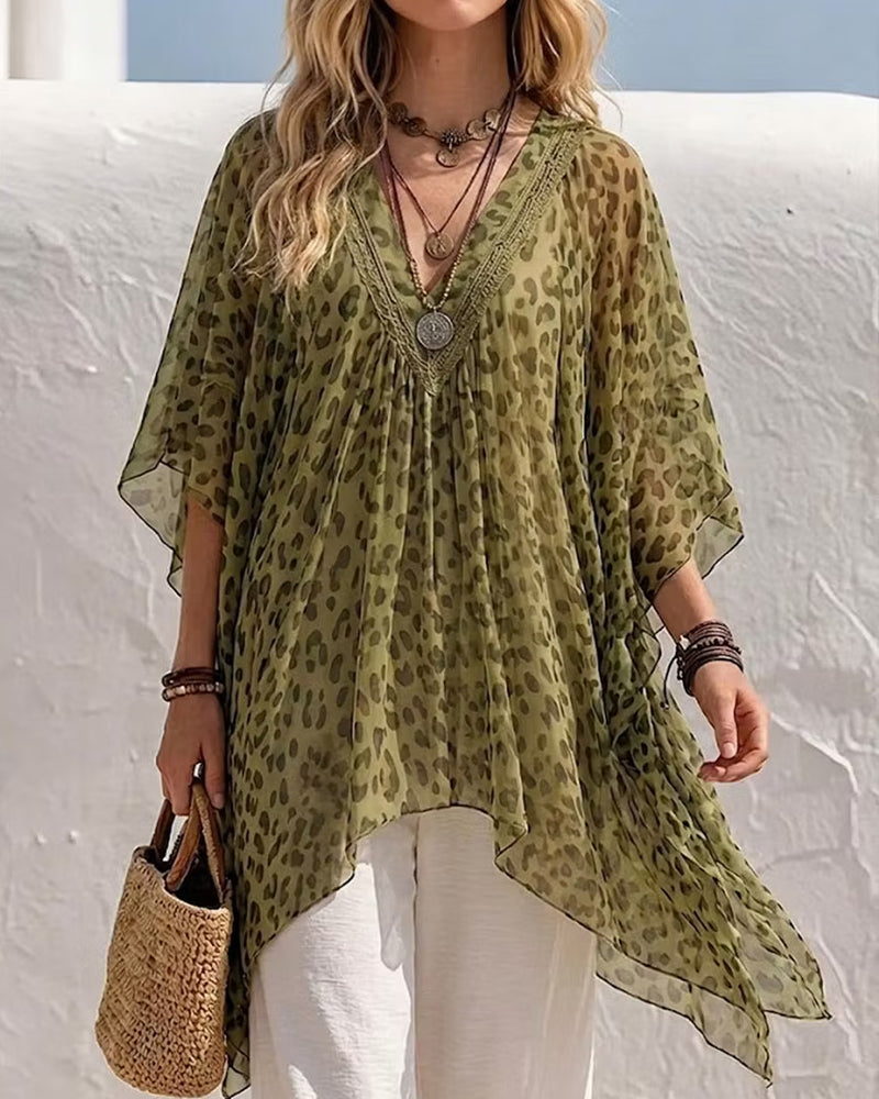 V-Neck Irregular Leopard Blouse