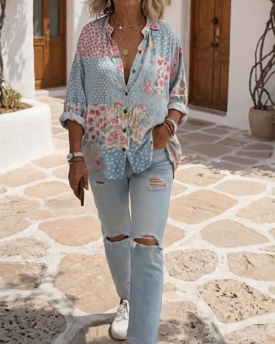 Ditsy Print Stand-Collar Shirt