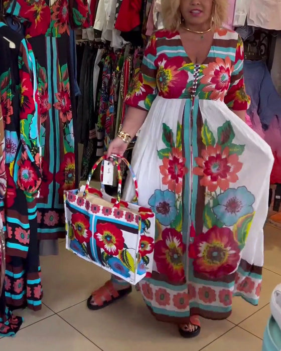 Deep V loose casual floral dress