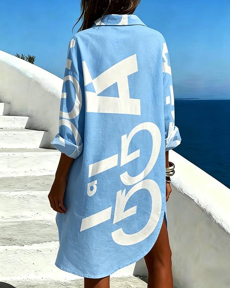 Letter Print Button Long Sleeve Dress