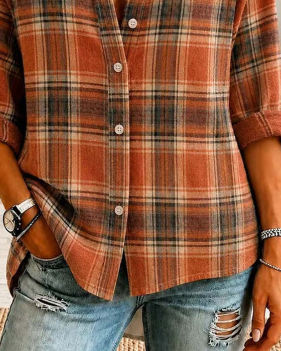 Lapel Checkered Long Sleeve Shirt