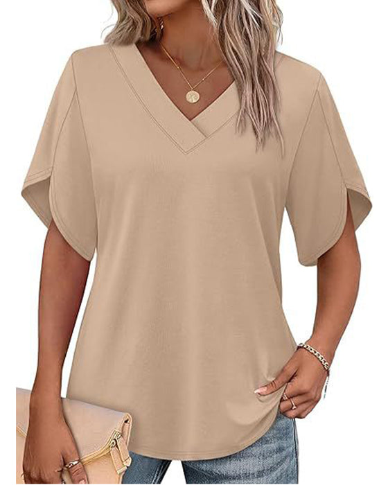 V-Neck Small Slit Short Sleeve Solid T-Shirt