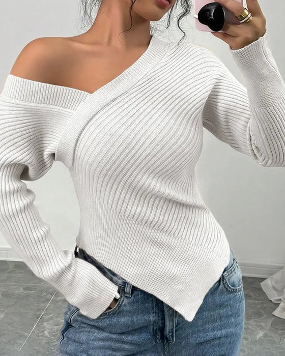 One Shoulder Solid Color Pullover