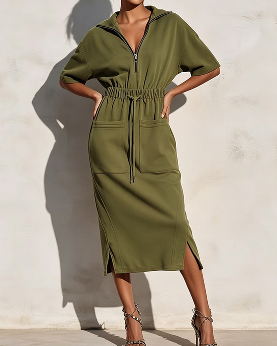Zip Lapel Waist Pocket Dress