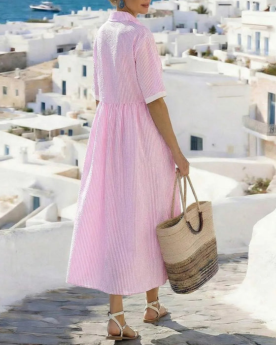 Striped Shirt Pocket Maxi Dress
