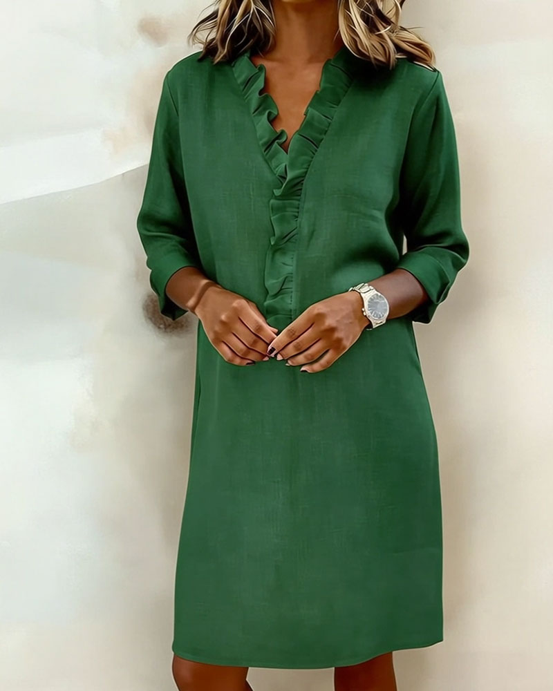 Ruffled V-Neck Solid Color Dress