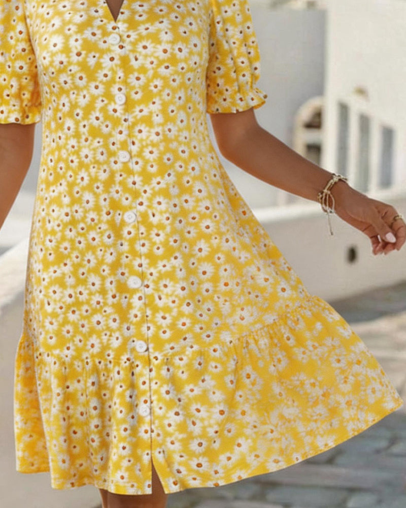 Daisy Print V-Neck Dresses