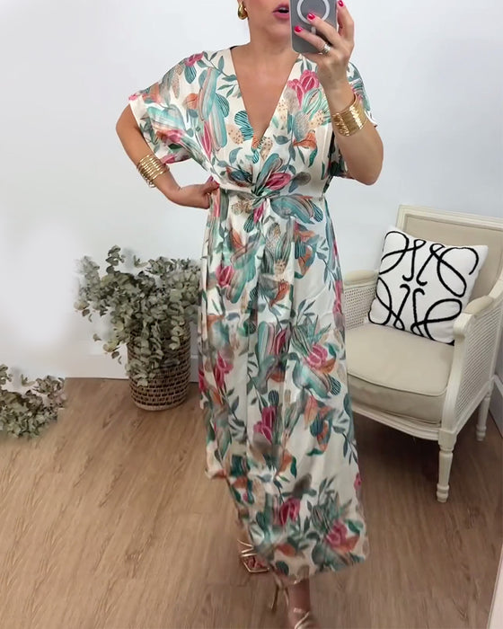 Botanical print v-neck twist elegant dress
