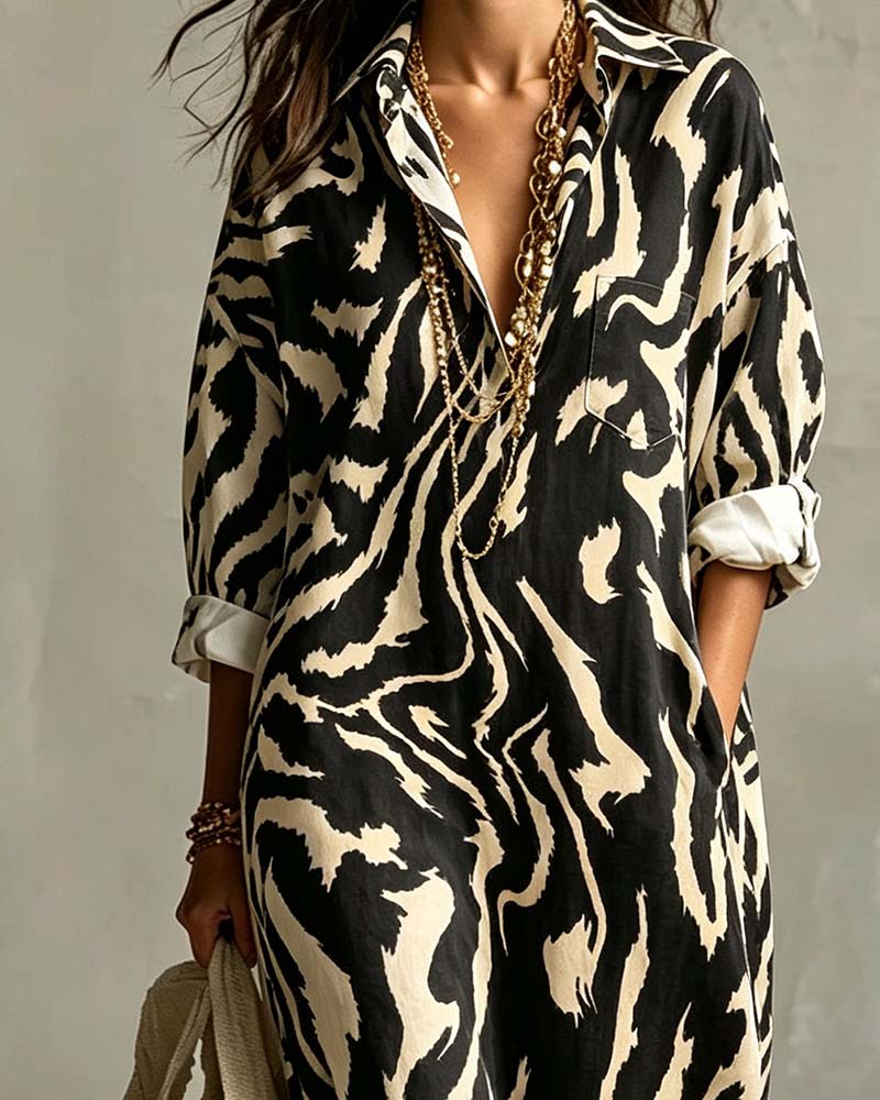 Animal Print Lapel Pocket Shirt Dress