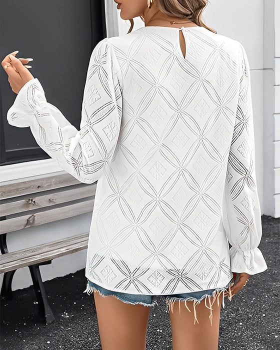 Hollow-Out Round Neck Long-Sleeved Blouse