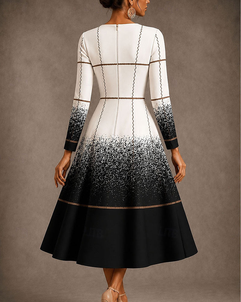 V-Neck Plaid Color Block Gradient Dress