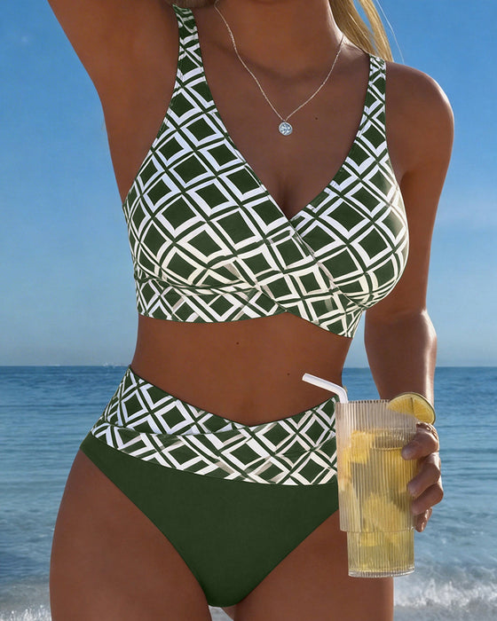 Diamond-Patterned Bra-Style Two-Piece Swimsuit