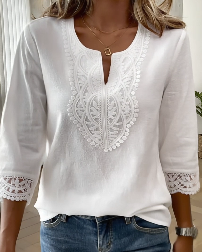 Solid-Color V-Neck Paneled Blouse