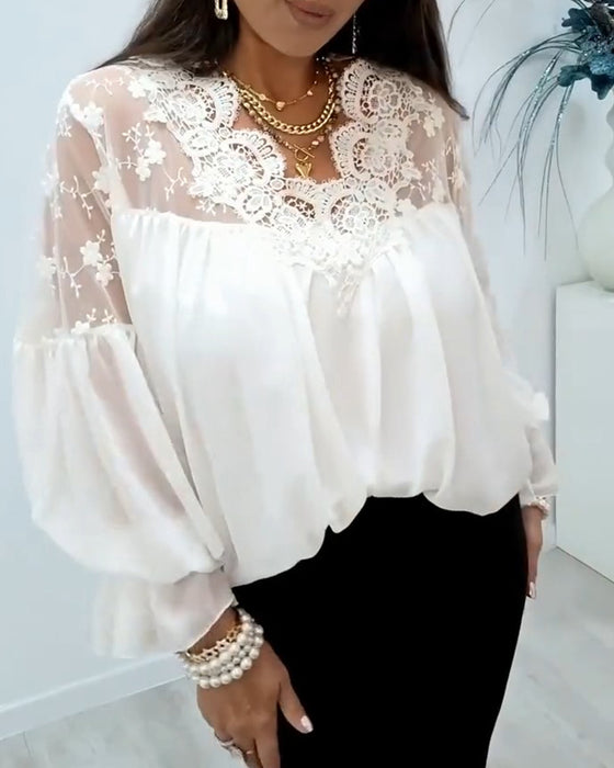 Lace Paneled Balloon Sleeve Blouse